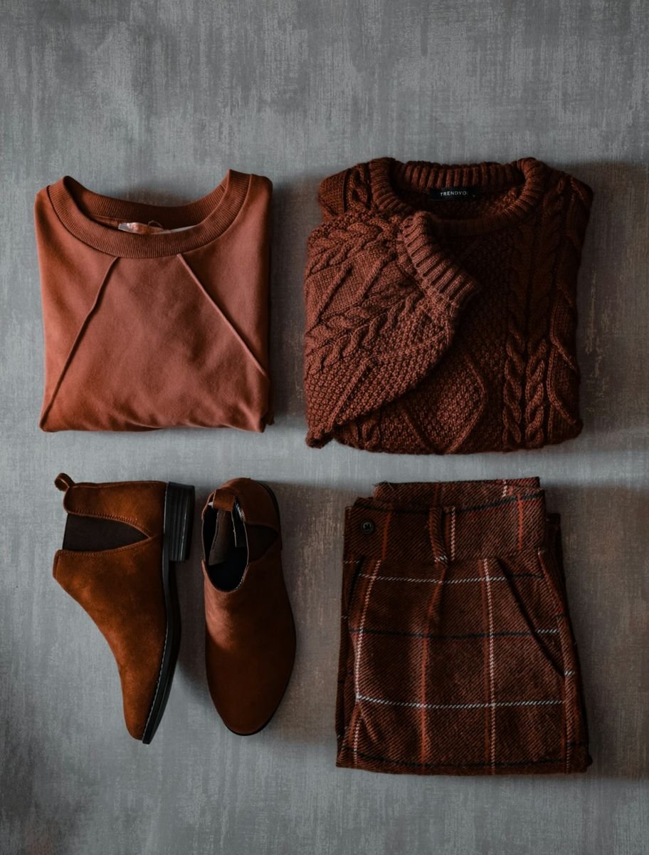 Autumn clothing flat lay with boots and knitwear