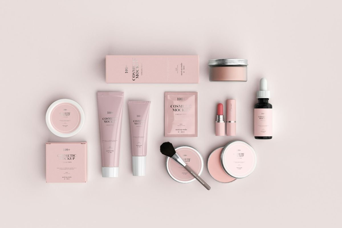 Pink skincare and cosmetics set on a pale background