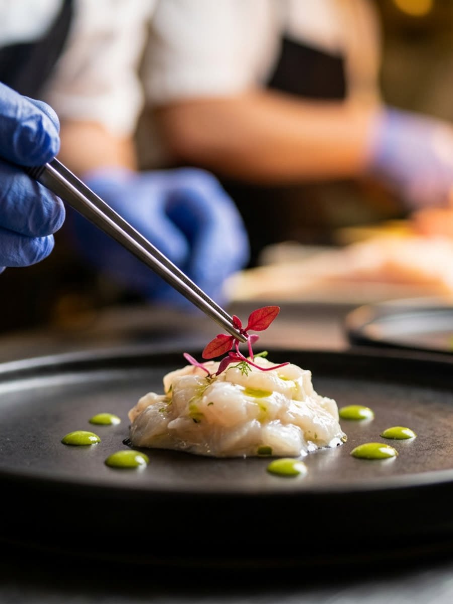 Chef plating a dish with tweezers, close-up food photography