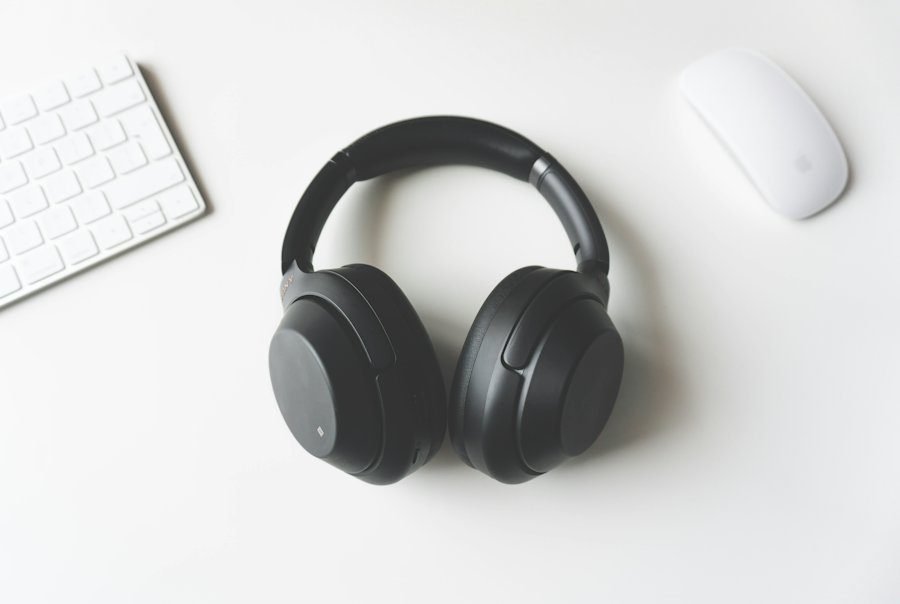 Over-ear headphones on a clean white desk