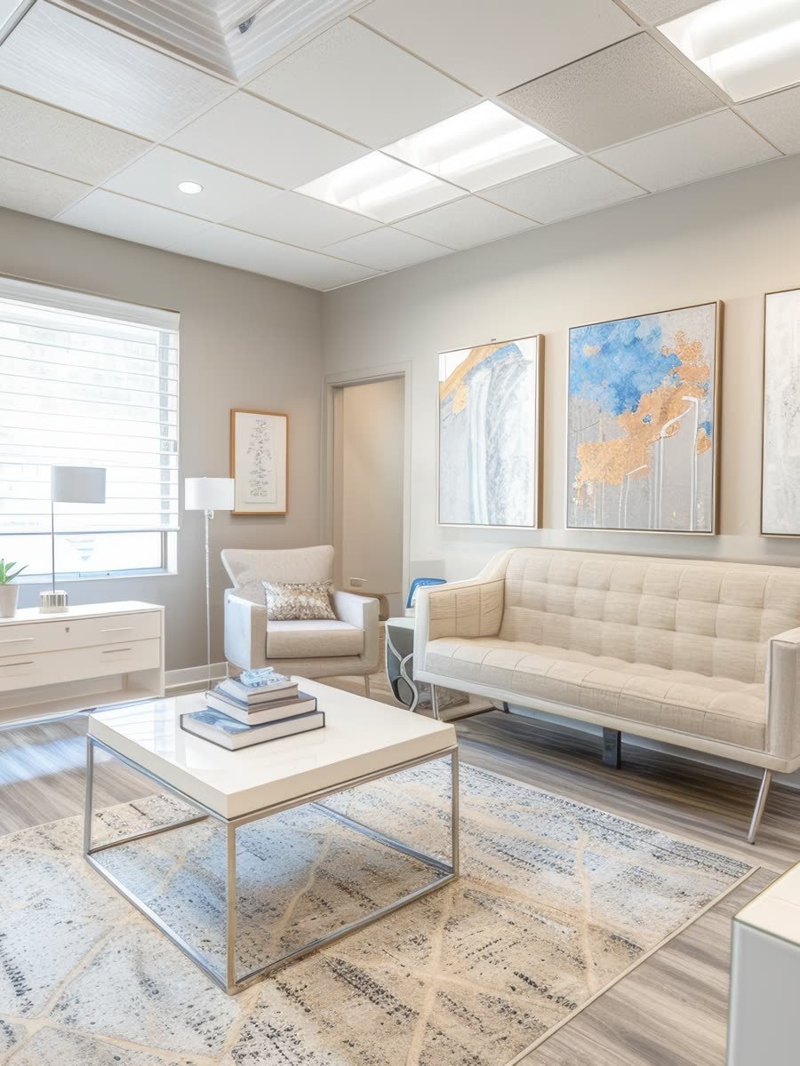 Bright modern interior with sofa and artwork