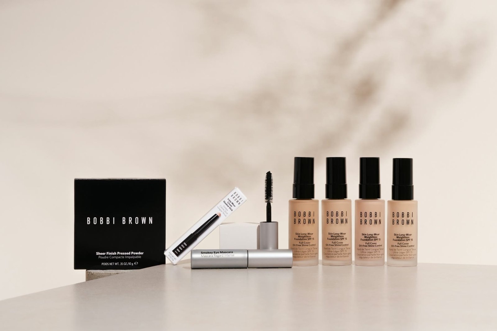 Makeup products lined up for product photography