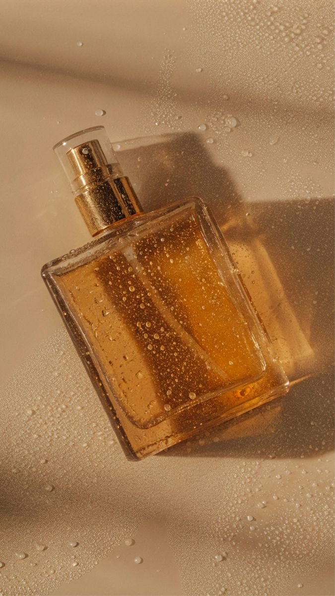 Perfume bottle in warm amber light