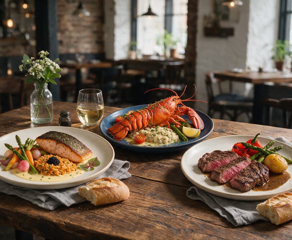 Salmon, lobster and steak plates on a restaurant table