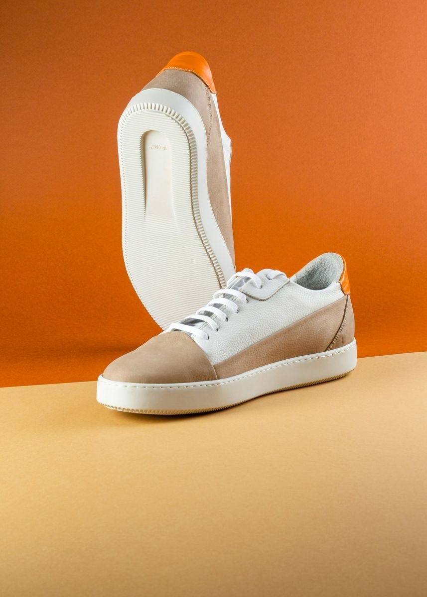 Red footwear campaign composition